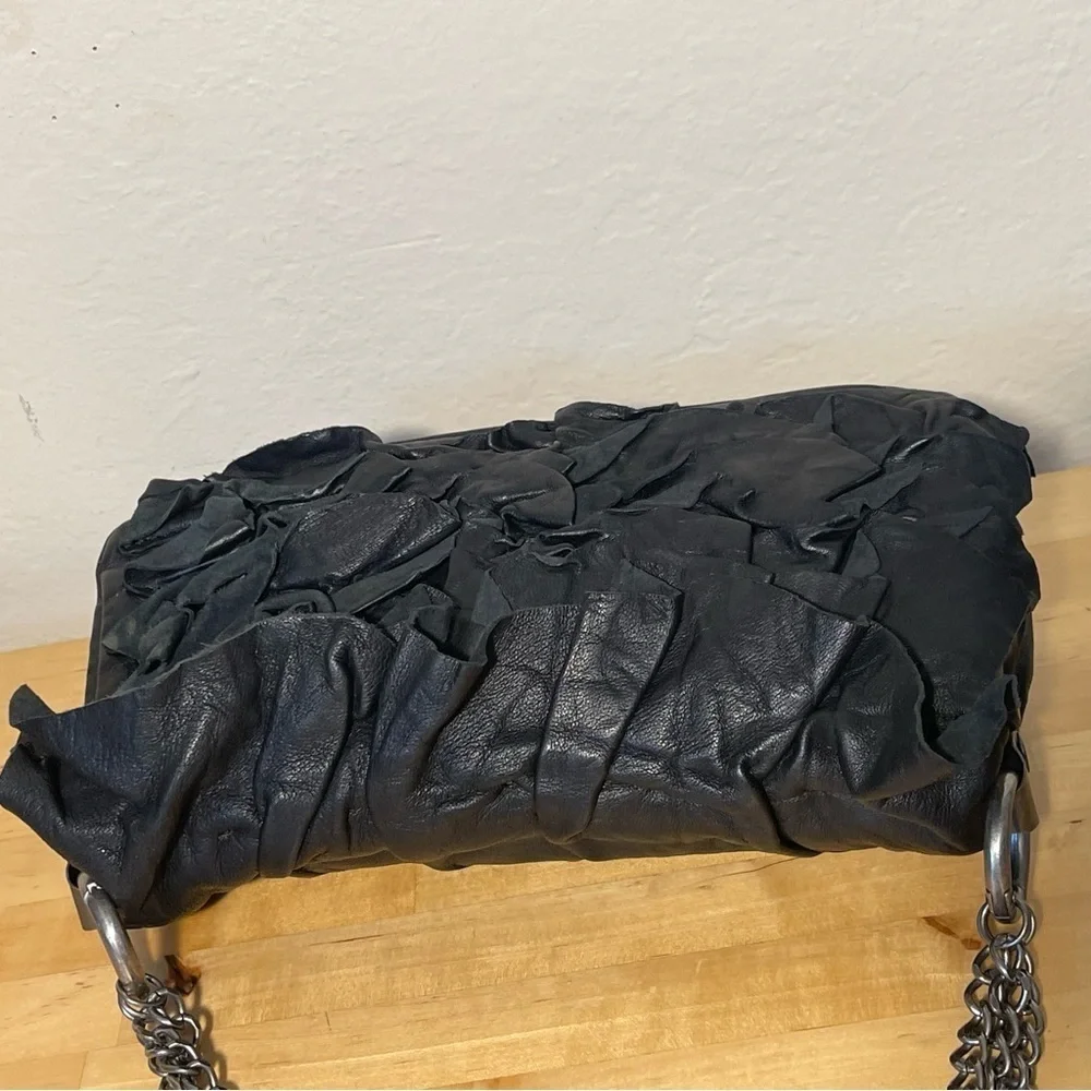 AllSaints Black Ruffled Leather Shoulder Bag Soft Leather Gunmetal Hardware